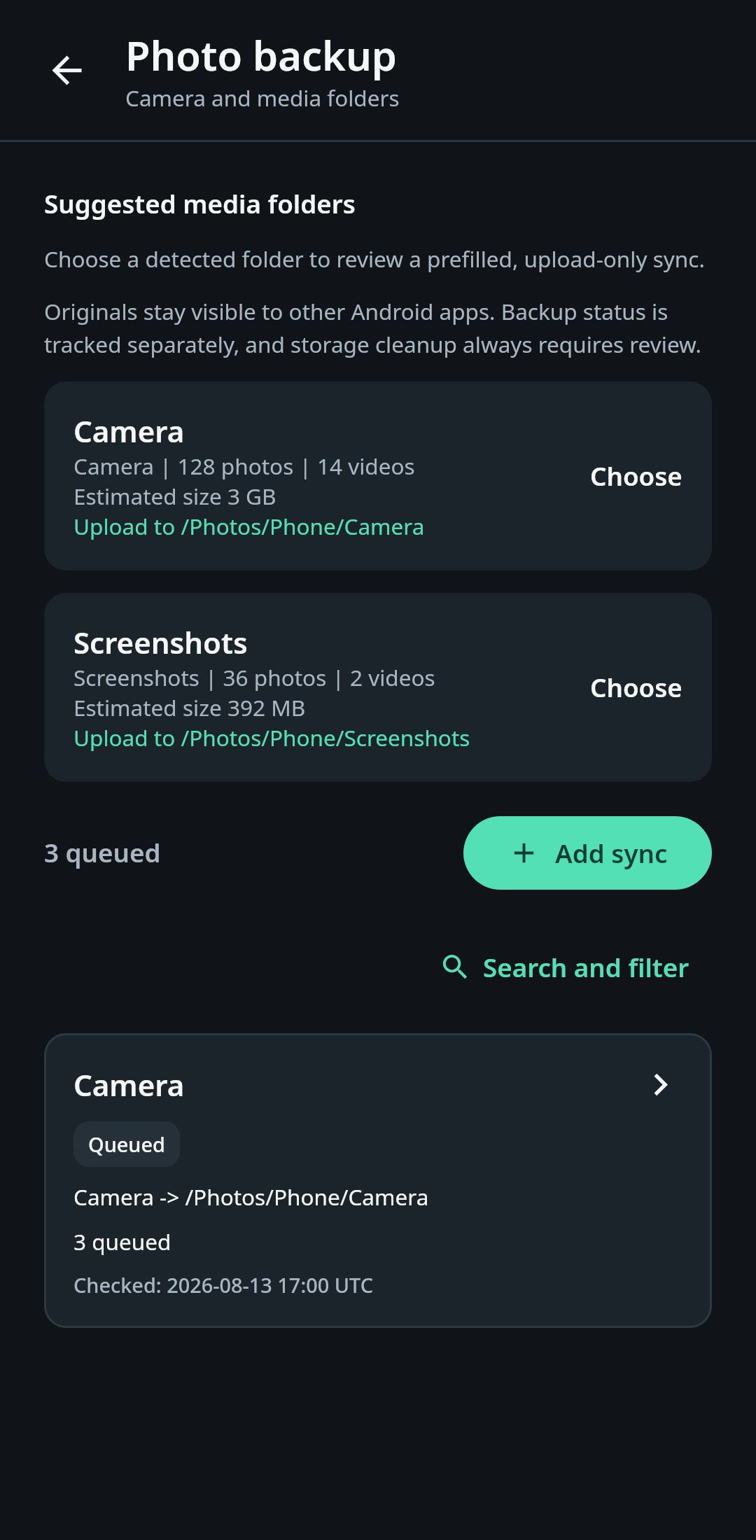 nati.ve Android Photo backup screen showing detected Camera and Screenshots folders, item counts, estimated sizes, and proposed Nextcloud destinations