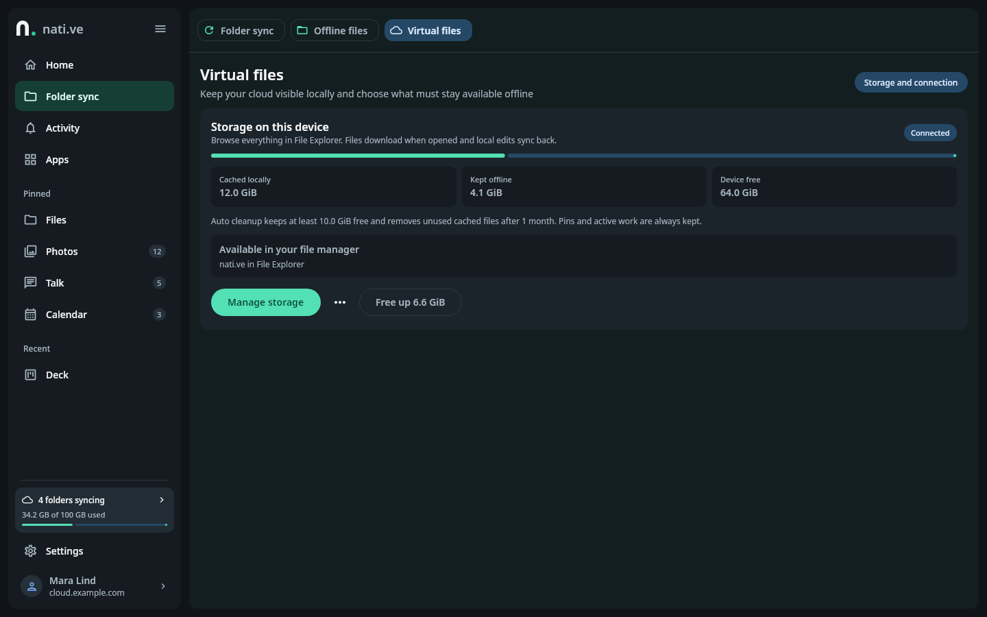 nati.ve Windows virtual-file storage overview showing placeholder integration, hydrated bytes, pinned content, free space, and automatic cleanup state